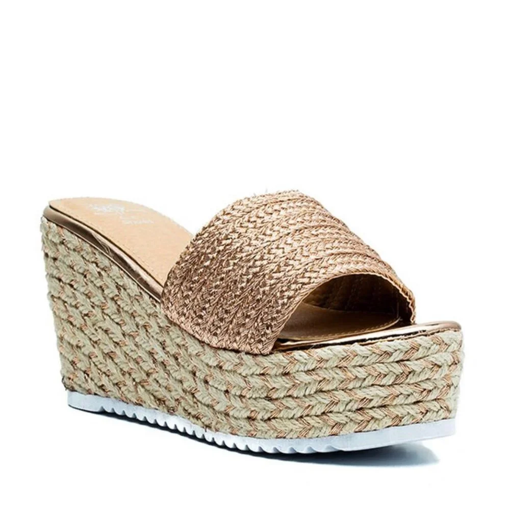 Rose Gold Espadrille Slide Wedge Platform Sandals - Picture 1 of 6